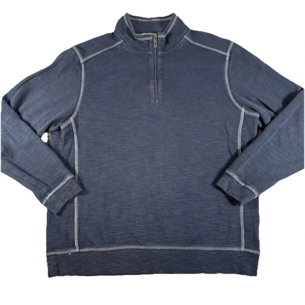 Tommy Bahama Men's L Blue 1/4 Zip Pullover Sweater‎ Golf Resort Coastal Cotton